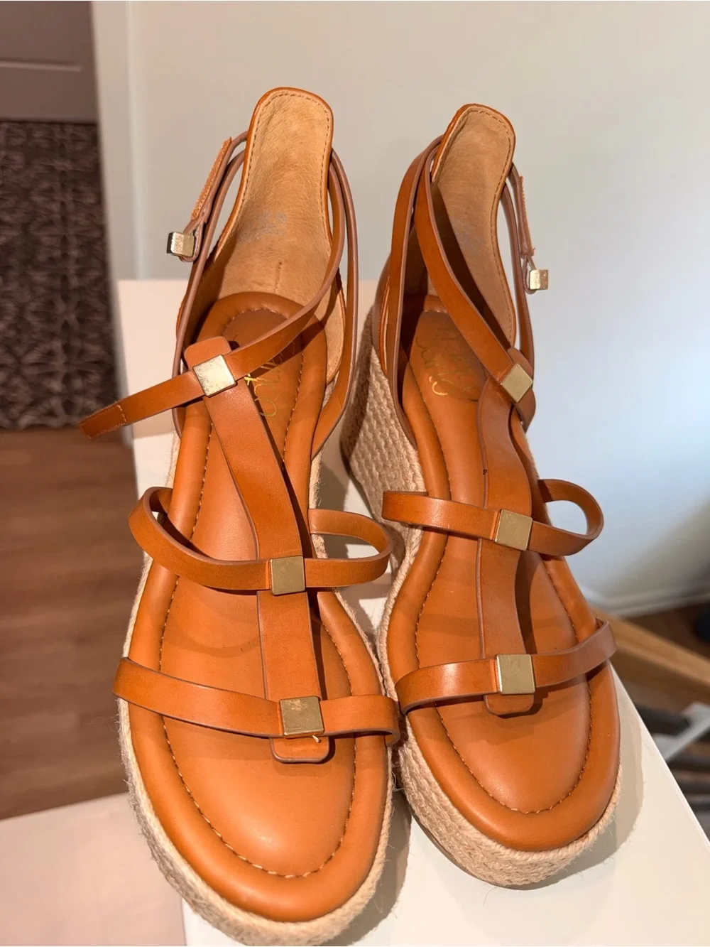 Franco Sarto Cognac Leather Espadrille Wedge Sandals